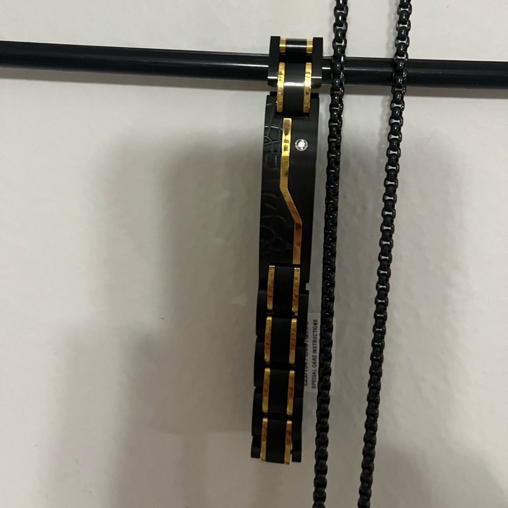 Men’s Black and Gold Cross Pendant Necklace and Bracelet - Picture 2 of 3